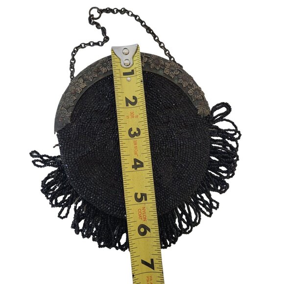 Black Beaded Small Purse With Floral Metal Frame & Fringe Detail Antique - Picture 6 of 10
